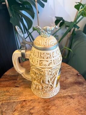 Carved Ceramic Elephant Beer Stein with Pewter Lid